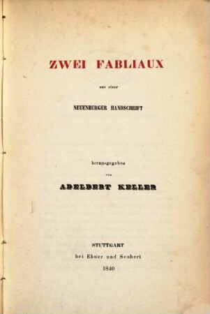 Zwei Fabliaux aus einer Neuenburger Handschrift
