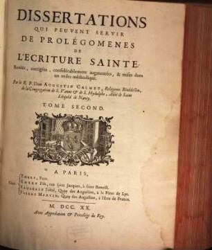 Dissertations Qui Peuvent Servir De Prolégomenes De L'Écriture Sainte, 2