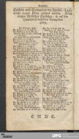 Episteln und Evangelien der Apostel-Tage / welche einiger Orten gefeyret werden. Samt einigen Biblischen Sprüchen ...