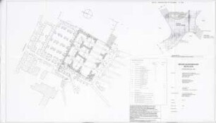 Hansjakob, Gottfried; München; Neuer Südfriedhof (Friedhof München) - Eingangsbereich Hochäckerstraße, Ausführungsplan und Pflanzplan; Wegkreuzung mit Brunnen (Detail)