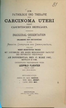 Zur Pathologie und Therapie des Carcinoma Uteri nebst casuistischen Beiträgen : Inaug. Diss.