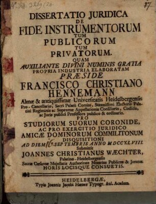 Diss. ... de fide instrumentorum tum publicorum, tum privatorum