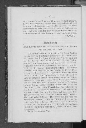 Beschreibung einer Zuckersiederei und Branntweinbrennerei am kleinen Flet aus dem jahre 1846.