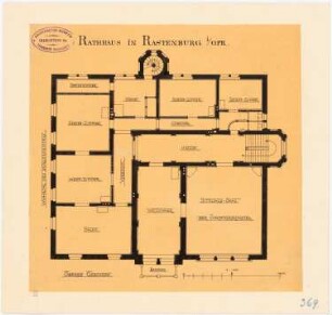 Rathaus, Rastenburg Monatskonkurrenz Juni 1884 (nicht die Originalzeichnung): Grundriss Obergeschoss 1:100