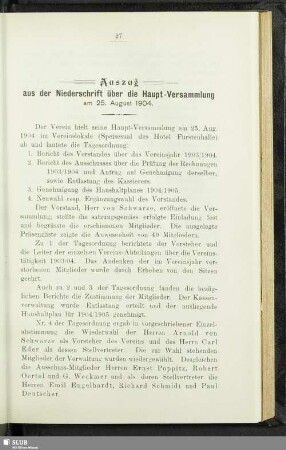 Auszug aus der Niederschrift über die Haupt-Versammlung am 25. August 1904