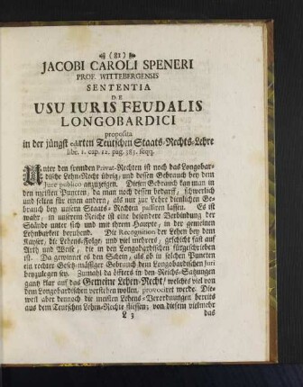Jacobi Caroli Speneri Prof. Wittebergensis Sententia De Usu Iuris Feudalis Longobardici