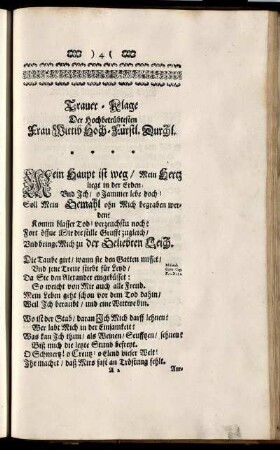 Trauer- Klage Der Hochbetrübtesten Frau Wittib Hoch- Fürstl. Durchl.