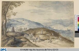 Straße mit Pferdegespannen in hügeliger Landschaft
