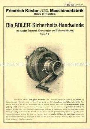 Die "Adler"-Sicherheits-Handwinde mit großer Trommel, Bremsregler und Sicherheitskurbel, Type G.T. / Liste 24