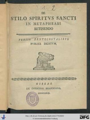 De Stilo Spiritvs Sancti In Metaphrasi Retinendo : Feriis Pentecostalibvs Pvblice Dicatvm