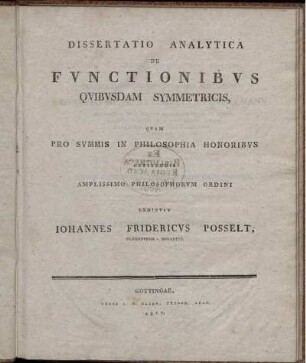 Dissertatio Analytica De Functionibus quibusdam Symmetricis