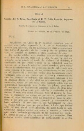 Núm. 2. Carta del P. Pablo Cavallería al R. P. Pablo Pastells, Superior de la Misión