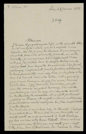 Nr. 1: Brief von Emile Picard an Felix Klein, Paris, 2.1.1882