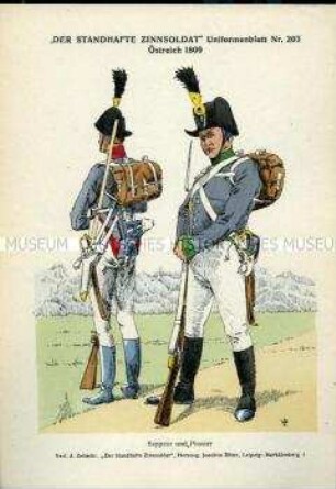Uniformdarstellung, Sappeur und Pionier, Kaiserreich Österreich, 1809.