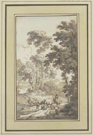 Viehherde und Hirten, einen Fluss durchquerend