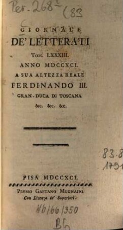 Giornale de'letterati. 83. 1791