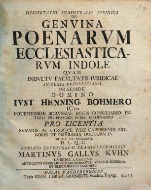 Dissertatio Inavgvralis Ivridica De Genvina Poenarvm Ecclesiasticarvm Indole