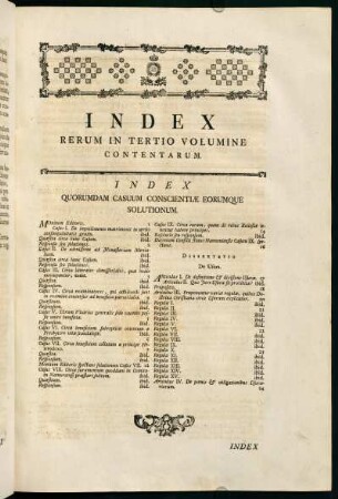 XV, Index Rerum in Tertio Volumine Contentarum.