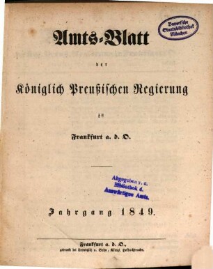 Amtsblatt der Regierung zu Frankfurt a.d. Oder. 1849