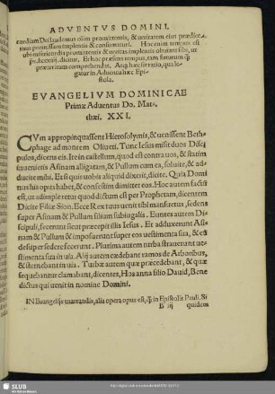 Evangelium Dominicae Primae Aduentus Do. Matthaei. XXI.