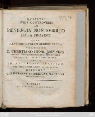 Qvaestio Ivris Controversi An Privilegia Non Svbdito Data Prosint