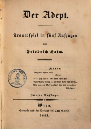 Der Adept : Trauerspiel in fünf Aufzügen