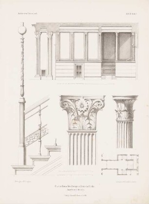 Flur des Bankier Arons, Berlin. Berlin: Ansicht und Details, Grundriss (aus: Architektonisches Skizzenbuch, H. 52/4, 1861)