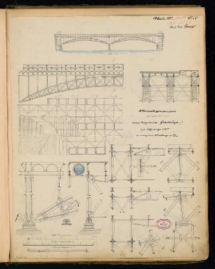 Eiserne Bogenbrücke Monatskonkurrenz Oktober 1880: Grundriss, Aufriss Seitenansicht, Querschnitt 1:75; Aufriss Seitenansicht 1:300, Konstruktionsdetails 1:25; 3 Maßstabsleisten