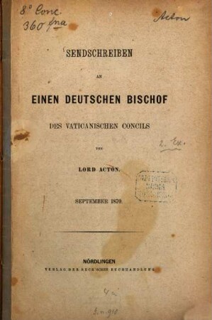 Sendschreiben an einen deutschen Bischof des Vaticanischen Concils : September 1870
