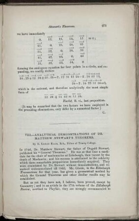 VIII. - Analytical demonstrations of Dr. Matthew Stewart's theorems.