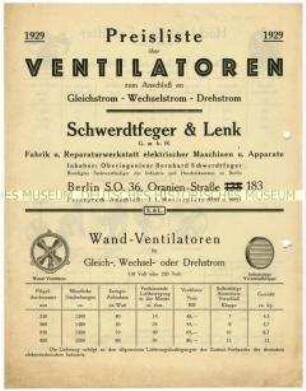 Preisliste über Ventilatoren