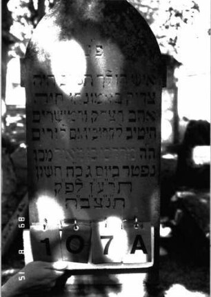 Grabstein 107 (Index: 100105369) Material: Sandstein, Sockel Muschelkalk Zustand: verwittert mit Textverlust Maße HxBxT: 127x37x18 cm Beschreibung: Stele, Sockel, Spitzbogenabschluß: Grabstein 107A