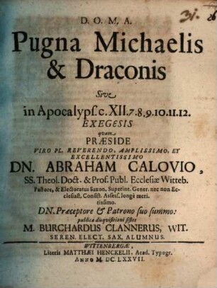 Pugna Michaelis et draconis, sive in Apocalyps. c. XII. 7 - 12 exegesis