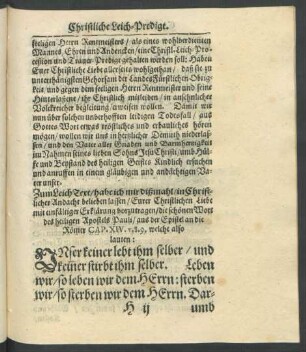 Zum Leich-Text/[...] aus der Epistel an die Römer Cap. XIV. v. 8.9. welche also lauten: