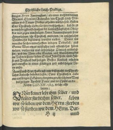 Zum Leich-Text/[...] aus der Epistel an die Römer Cap. XIV. v. 8.9. welche also lauten: