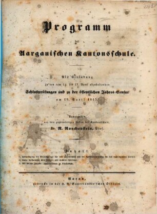 Programm der Aargauischen Kantonsschule : Schuljahr ... 1845