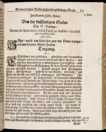 Die IX. Predigt/ Darinn die Vater-Liebe Gottes zu derselben betrachtet und vorgestellet wird.