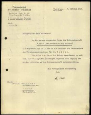 Schreiben; NDW an DAI Athen (Forschungsstipendium G. Welter)