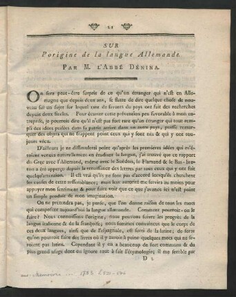 Sur l'origine da la langue Allemande