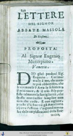 Lettere del Signor Abbate Massola di Biasimo.