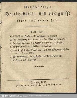 1835: Merkwürdige Begebenheiten und Ereignisse alter und neuer Zeit