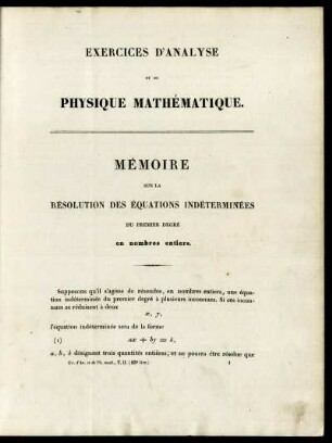 Exercices d'analyse et de Physique Mathématique. Mémoire sur la Resolution des équations indéterminées.