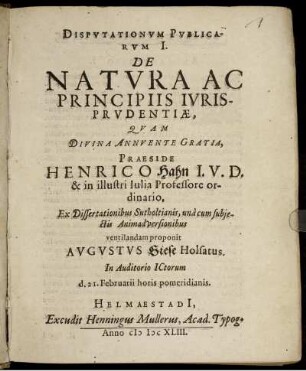 Disputationum Publicarum I. De Natura Ac Principiis Iurisprudentiae