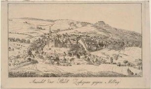 Stadtansicht von Zschopau in Sachsen am gleichnamigen Fluss mit Schloss Wildeck, Stadtkirche und Augustusburg im Hintergrund