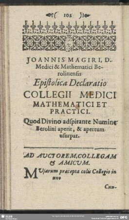Joannis Magiri ... Epistolica Declaratio Collegii Medici Mathematici Et Practici