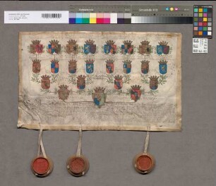 16er-Wappenahnentafel der Agatha Barbara Gräfin zu Manderscheid-Blankenheim. Bestätigt durch: Maximilian Heinrich Erzbischof zu Köln, Franz zu Lothringen, Franz Egon zu Fürstenberg-Heiligenberg-Wassenberg, Ernst Graf zu [unleserlich]. Mit den 4 Unterschriften 3 Siegel (von 4) erhalten.
