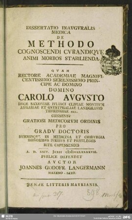 Dissertatio Inauguralis Medica De Methodo Cognoscendi Curandique Animi Morbos Stabilienda
