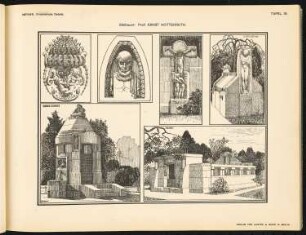 Entwürfe für Grabmäler; Brunnen, Stargard: Ansichten und Details (aus: Ornamentale Details der Modernen Architektur, hrsg v. Friedrich Meyner)