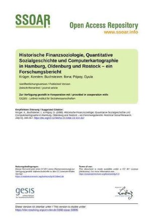 Historische Finanzsoziologie, Quantitative Sozialgeschichte und Computerkartographie in Hamburg, Oldenburg und Rostock – ein Forschungsbericht