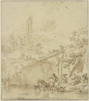 Burgruine, rechts ein hoher Steg, ein Bauer tränkt seine Pferde